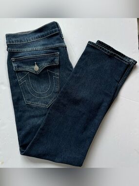 True Religion Men’s Slim Straight Geno Dark Blue Jeans with Contrast Stitching